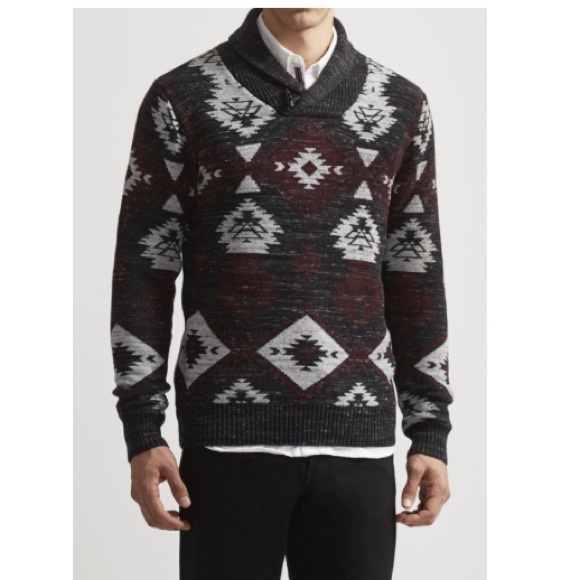 Mens TRASH NOUVEAU Aztec Tribal Black Gray Burgundy Toggle Shawl Neck Sweater M - Picture 6 of 16